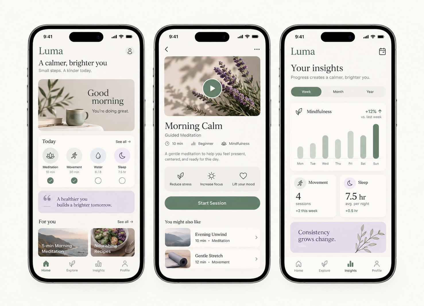 Three mobile screens for a wellness app concept